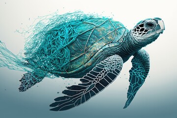 Sea turtle caught with fishing net abandoned in the sea. Planet pollution concept. Generative AI illustration.