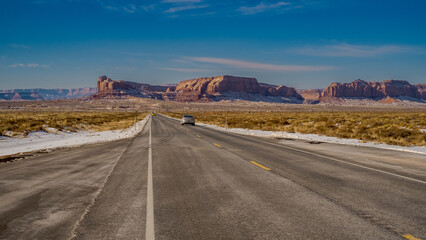 Winter morning on the road at Monument Valley; Utah Arizona border United States of America.