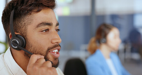 Call center, telemarketing and face of a man giving advice, technical support and help online on a computer. Contact us, customer service and consultant consulting for sales, crm and service job