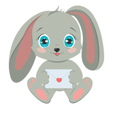 Cute cartoon rabbit on a white background. Funny rabbit for valentine's day and greeting cards. Vector illustration isolated on white background
