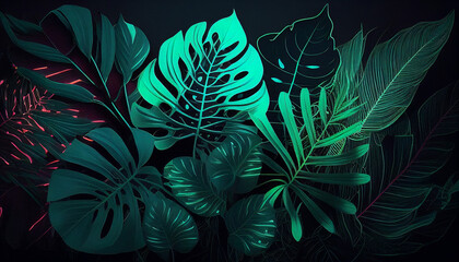 Fototapeta na wymiar Dark green tropical leaves colorful neon light, backlight, leaves composition, plant background, monstera, palm leaves. Generative AI