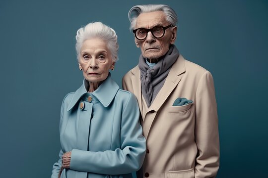 Stylish senior couple portrait in studio background. Generative AI illustration.