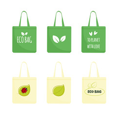 Eco reusable bags with different prints set.