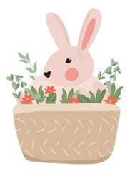 Cute rabbit in a basket with spring flowers and green leaves. Spring flowering, illustration for celebrating Easter, Spring Day, posters, banners, etc. Vector graphics.