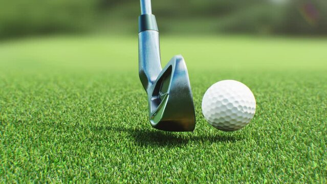 Golf Club Iron Hitting the Ball Close-up in Slow Motion 3d Animation. Illustration of Abstract Middle Hit and Green Grass on the Golf Course. Sport Concept 4k UHD 3840x2160.