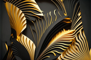 Abstract paper cut background with lines and 3d leaves. Black and golden colors, Generative AL