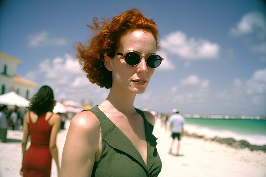 Stylish redhead woman wearing sunglasses on the beach at daytime. Generative AI illustration.