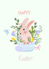 Cute composition with a rabbit sitting in a basket, spring flowers, butterflies and Easter eggs. Spring flowering. Vector graphics