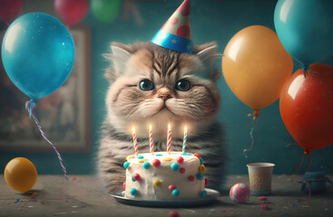 Cat birthday, cute pet, small kitten and birthday cake with a candle. AI generative