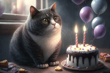 Fototapeta na wymiar Cat birthday, cute pet, small kitten and birthday cake with a candle. AI generative