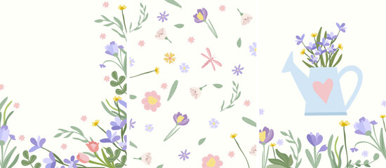 Combo of bright compositions with spring flowers, butterflies, garden watering can, green leaves. Postcards Spring flowering. Ideal for banners, cards, posters. Vector illustration.