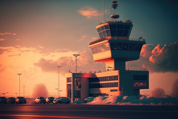 Airport control tower on a weekday morning, with planes and automobiles carrying service equipment visible in the background. Generative AI - obrazy, fototapety, plakaty