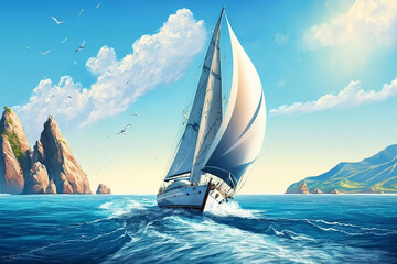 realistic Yacht sail in the Atlantic ocean at sunny day cruise. Generative IA
