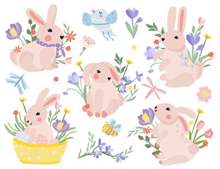 Obraz na płótnie Canvas A collection of cute compositions with a rabbit sitting in a basket, spring flowers, a bird, butterflies and Easter eggs. Spring flowering. Vector graphics