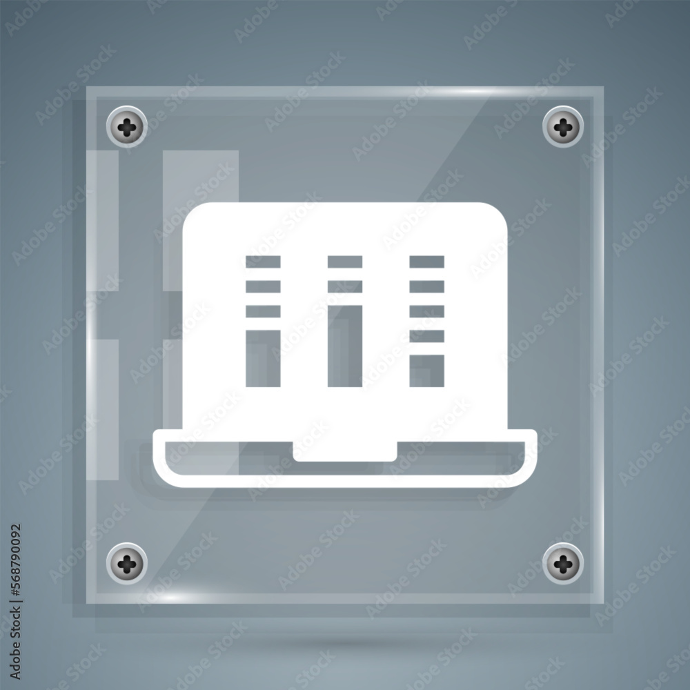 Poster white sound or audio recorder or editor software on laptop icon isolated on grey background. square 