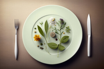 Minimalist Gourmet Creation with creative food elements and clean simple plate design. Ai generated