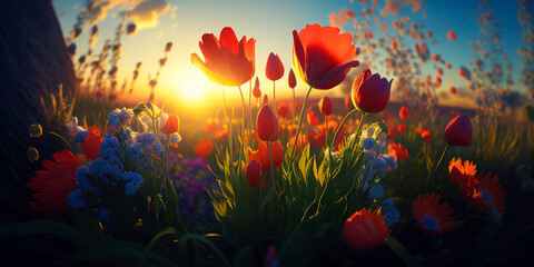 Fototapeta na wymiar Spring meadow full of flowers. Colorful horizontal design. The rising sun illuminates the blooming wild flowers. Seasonal background. Template for your graphic. Generative AI.