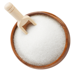 White sugar in wooden bowl, top view, cut out
