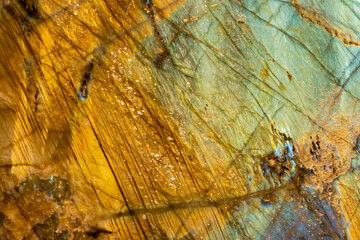 Labradorite Mineral Rock Cross Section From Madagascar With Mesmerising Shiny Gold, Teal, Green and...