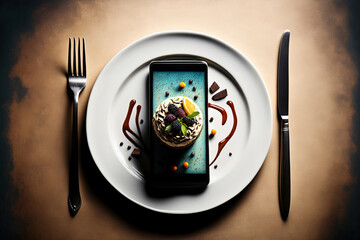 Smartphone and food served on a plate. Phone addiction. Social media influence. Hunger for technology concept. Ai generative