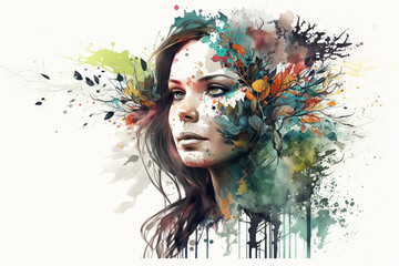 Spring Blossoms with Beautiful Aquarella brush Woman and spring flowers and vegetation elements. Ai generated, not a real person