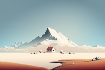 A minimalist landscape illustration in pastel colors, depicting a peaceful and serene atmosphere. Ai generated