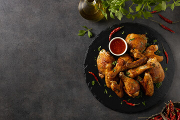 Mix of baked chicken pieces.