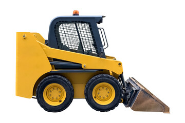 small yellow industrial street tractor for road works with a bucket isolated on a white background
