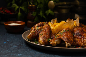 Baked chicken wings. Served with sauce or fries.