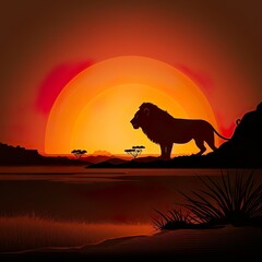 Minimalist lion in savana, sunset, trees in background, vector style