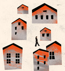 Girl walking among buildings. Conceptual art collage in minimalistic style about theme of...