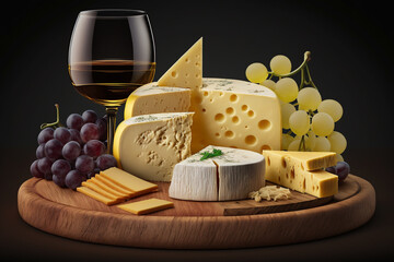 French Cheese Platter. Selection of fine French cheeses, arranged on a wooden plate with grapes and a glass of white wine. Ai generated