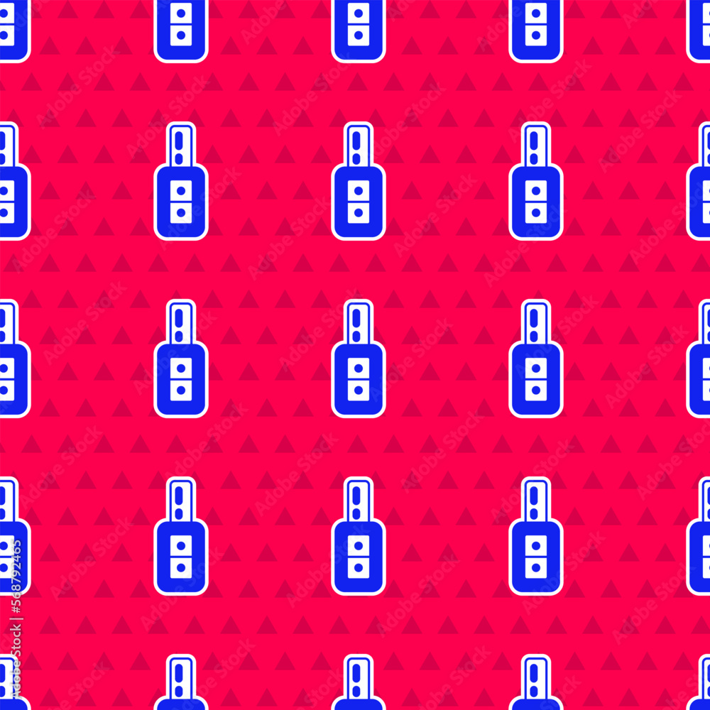 Poster blue car key with remote icon isolated seamless pattern on red background. car key and alarm system.