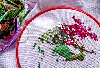 embroidery with colored thread on white fabric