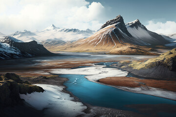 An illustration of an Icelandic landscape featuring a majestic mountain in the background and a tranquil river flowing in the foreground. Ai generated