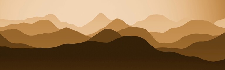 Fototapeta na wymiar creative orange wide angle of peaks in fog cg texture or background illustration