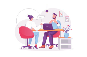 Job interview concept with people scene. Woman is talking to HR manager. Man searches, selects and hiring candidates to office job. Vector illustration with character in modern flat design for web