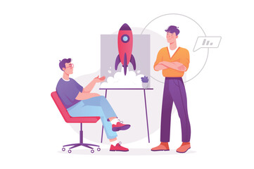 Leadership concept with people scene. Happy partners launch startup together. Businessmen create new projects and invest in business. Vector illustration with character in modern flat design for web