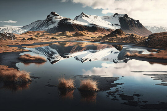 An illustration of an Icelandic landscape featuring a majestic mountain in the background and a tranquil river flowing in the foreground. Ai generated © twindesigner