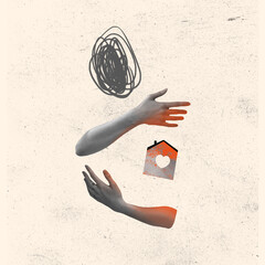 Conceptual art collage in minimalistic style about theme of resettlement, migration, refugees in...