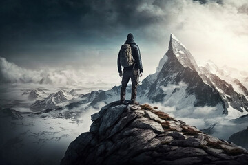 Man Reaching the Summit, man on top of a mountain. Ai generated