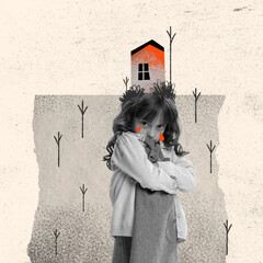 Sad little girl looking at camera sadly. Conceptual art collage in minimalistic style about theme of loss of parents, migration, refugees in war time. Concept of world social issues, problems