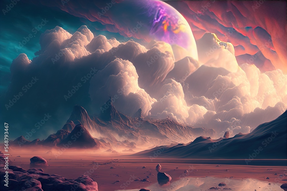 Poster imaginary cloud formations on a distant planet generative ai