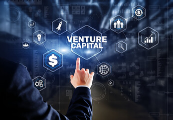 Venture capital. Investor capital. Businessman pressing virtual screen inscription