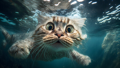 Illustration of a cat underwater, generative ai