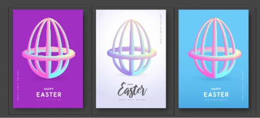 Set of Easter modern covers with flow gradient 3D easter eggs. Set of posters, greeting cards or banners. Vector illustration