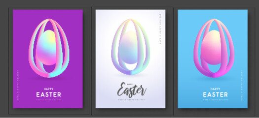 Set of Easter modern covers with flow gradient 3D easter eggs. Set of posters, greeting cards or banners. Vector illustration