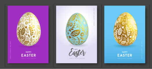 Set of Easter modern covers with  3D ornamental easter eggs. Set of posters, greeting cards or banners. Vector illustration