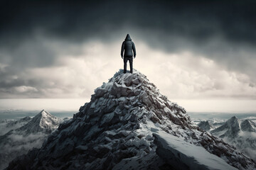 Naklejka na ściany i meble Man Reaching the Summit, man on top of a mountain. Ai generated