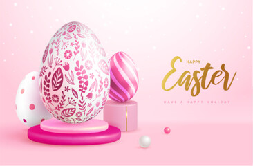 Happy Easter holiday background with easter eggs and floral ornament. Greeting card or poster. Vector illustration